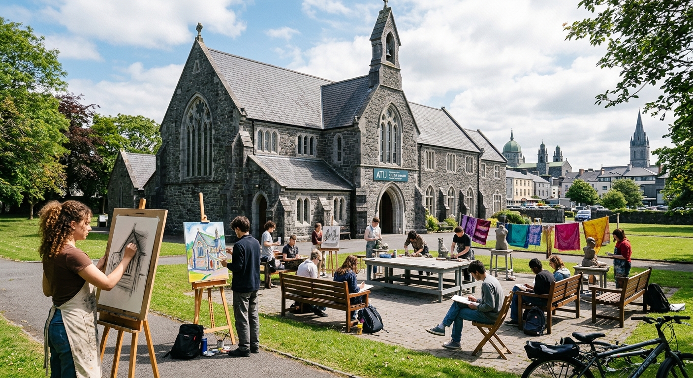 ATU Wellpark Road campus Cluain Mhuire historic monastery building converted to creative arts centre, stone architecture, art students working outdoors, Galway city setting
