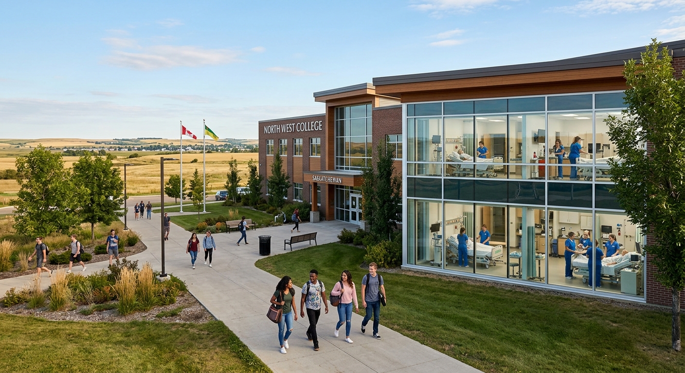 North West College campus building in Saskatchewan, Canada, with students walking along pathways, healthcare simulation lab visible through windows, prairie landscape in background, clear blue sky