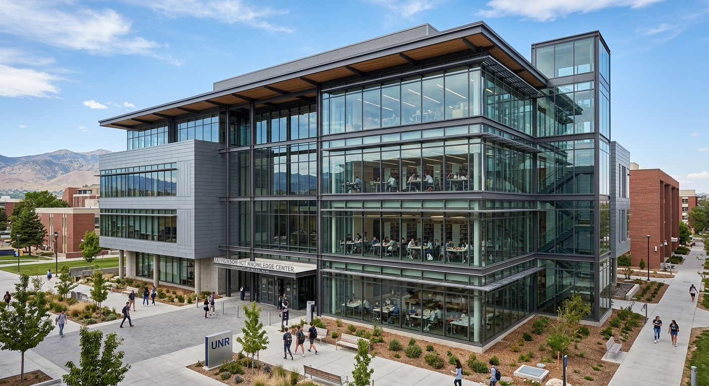Mathewson-IGT Knowledge Center at University of Nevada Reno, modern glass and steel library building, students studying inside, contemporary architecture
