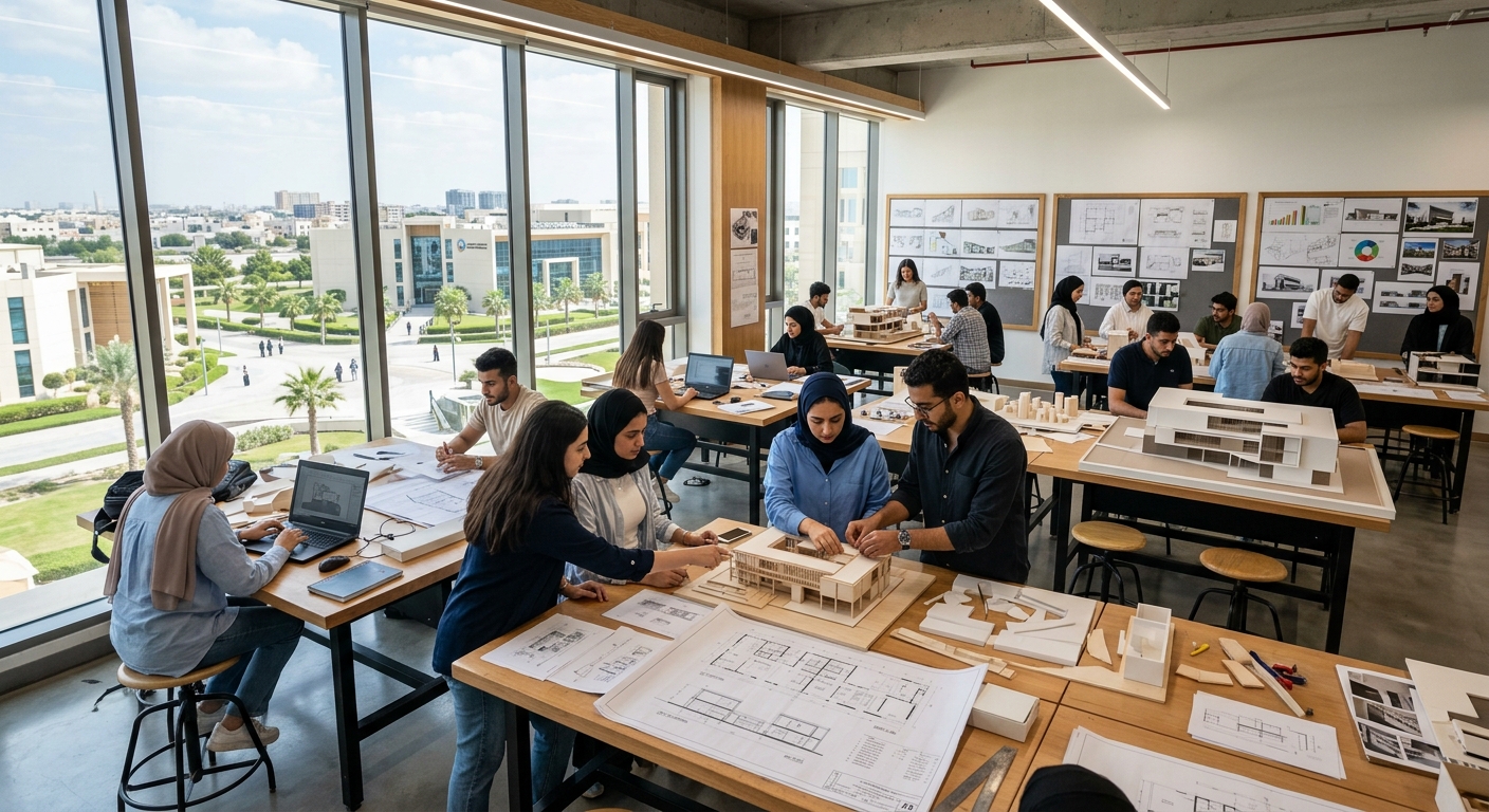 Modern architectural engineering studio at Ajman University with students working on building models and design blueprints, large windows overlooking the Ajman campus, natural light filling the space