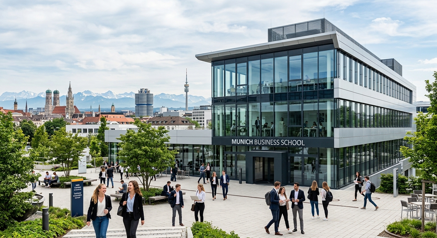 Modern Munich Business School campus building exterior with glass facade, students walking in courtyard, Munich cityscape with Alpine foothills visible in background, professional business school atmosphere