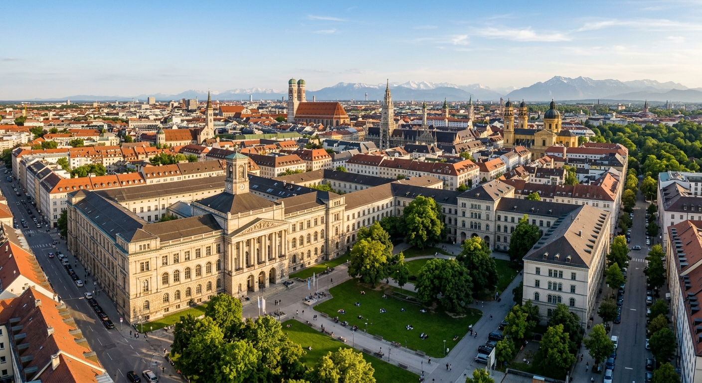Aerial view of Technical University of Munich main campus on Arcisstrasse in the Maxvorstadt district, historic neoclassical building facade with arched windows, green courtyard, Munich city skyline with Alps in the distant background, warm afternoon light