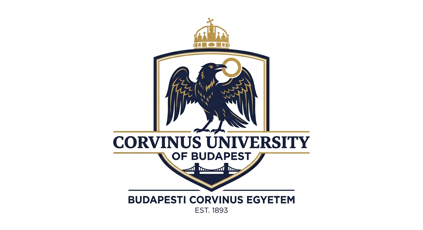 Corvinus University of Budapest official logo, featuring a stylized raven holding a ring, dark blue and gold color scheme on white background
