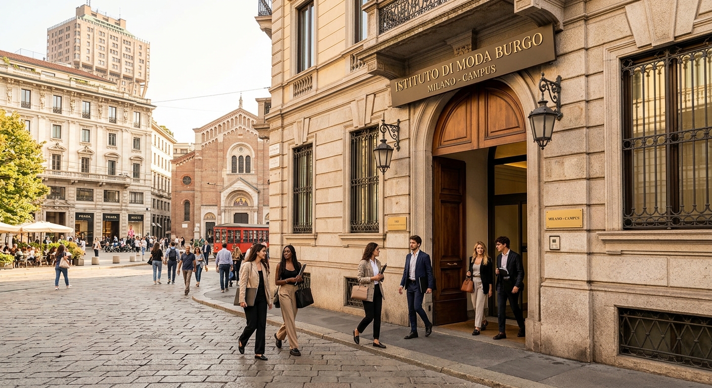 Istituto di Moda Burgo campus entrance at Piazza San Babila in Milan, elegant Italian architecture, fashion district setting, students walking near historic buildings, warm Mediterranean light