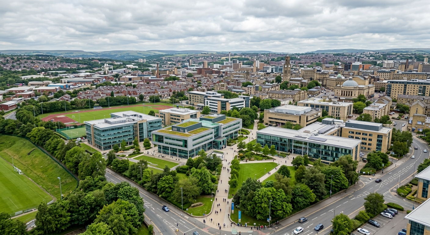 University of Bradford city campus aerial view, modern academic buildings surrounded by green spaces, Bradford cityscape in background, overcast English sky with soft light