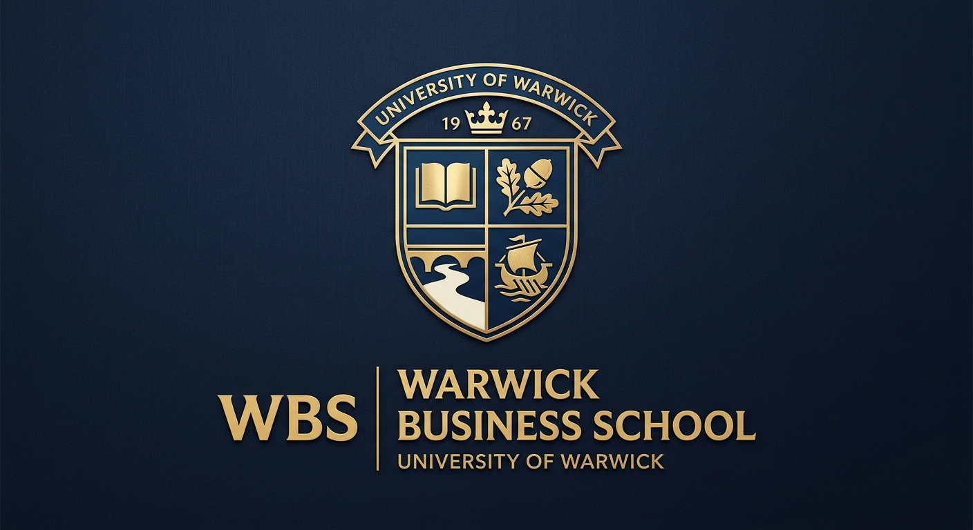 Warwick Business School official logo, shield emblem with WBS text, University of Warwick branding in dark blue and gold