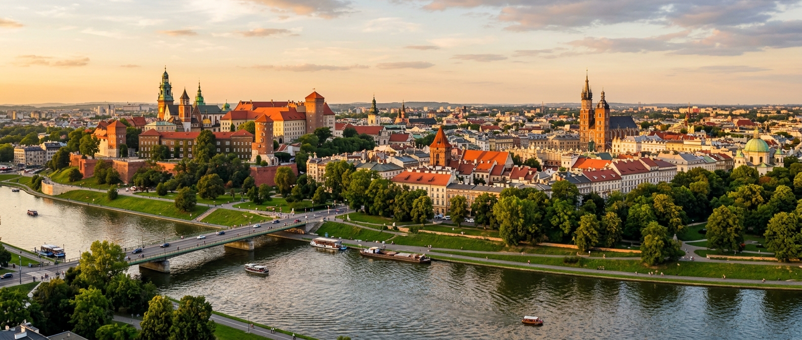 Panoramic view of Kraków Old Town with Wawel Castle, St. Mary's Basilica towers, Vistula River in foreground, red rooftops, green parks, golden hour lighting