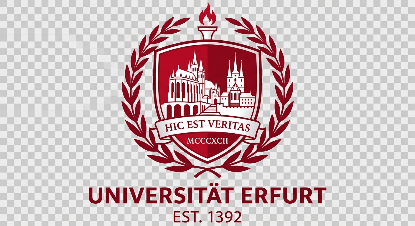 University of Erfurt official logo, stylized red and white crest with Latin text, clean modern design on transparent background