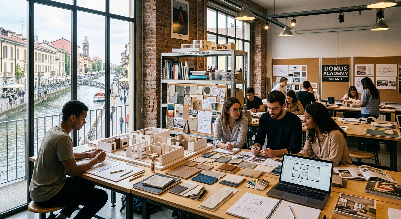 Modern design studio at Domus Academy Milan with students working on interior design models, mood boards, and material samples, large windows with views of Milan's Navigli district, warm studio lighting and creative workspace atmosphere