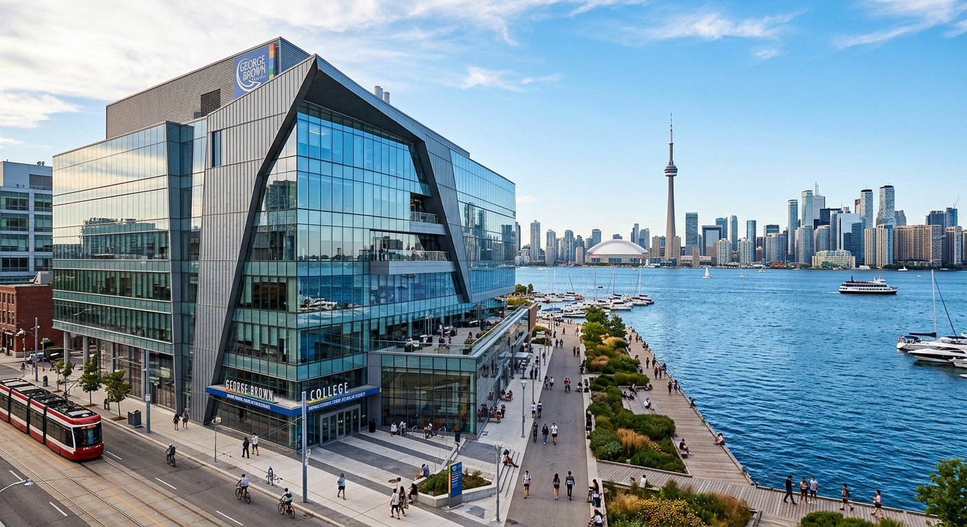 George Brown College Waterfront Campus, contemporary glass and steel building at Dockside Drive, Toronto waterfront with Lake Ontario view, modern architecture