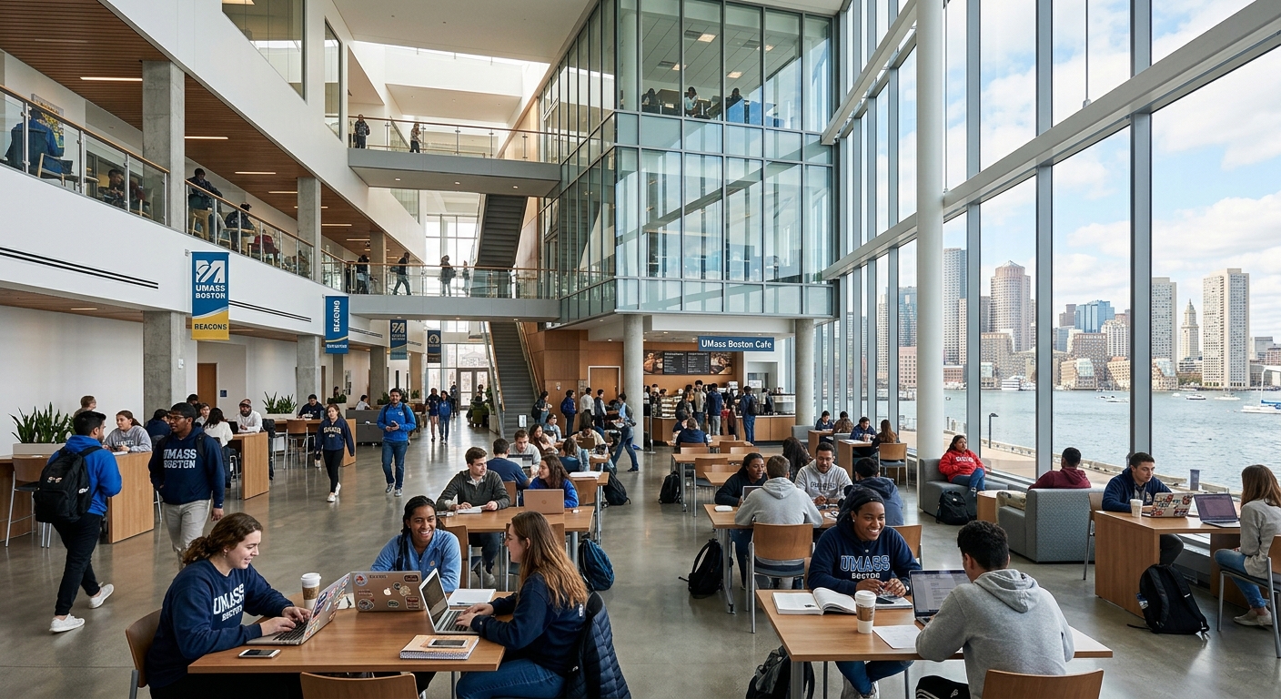 UMass Boston Campus Center interior, bright open atrium with students studying and socializing, modern architecture with large windows overlooking the harbor