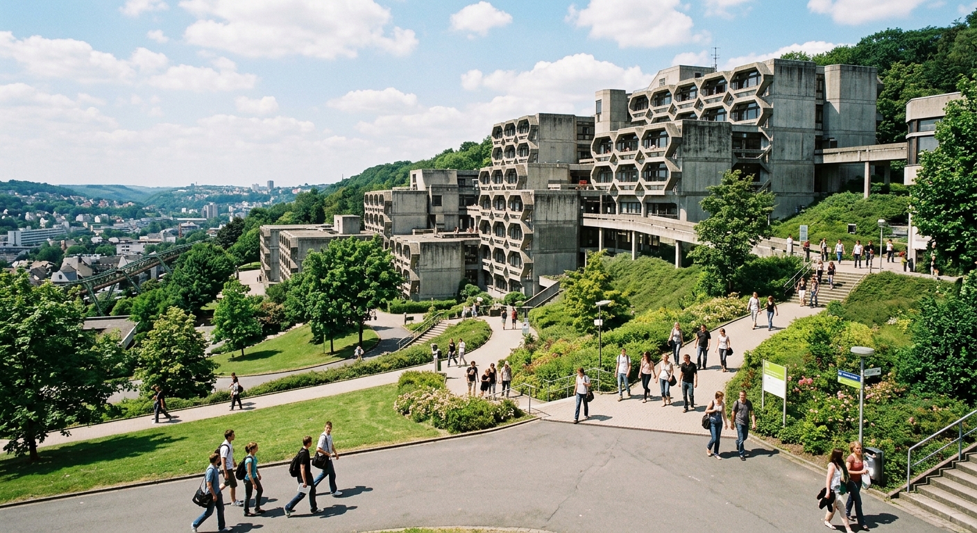 University of Wuppertal Grifflenberg main campus, large modernist concrete honeycomb building complex on a green hillside, students walking on pathways, sunny day