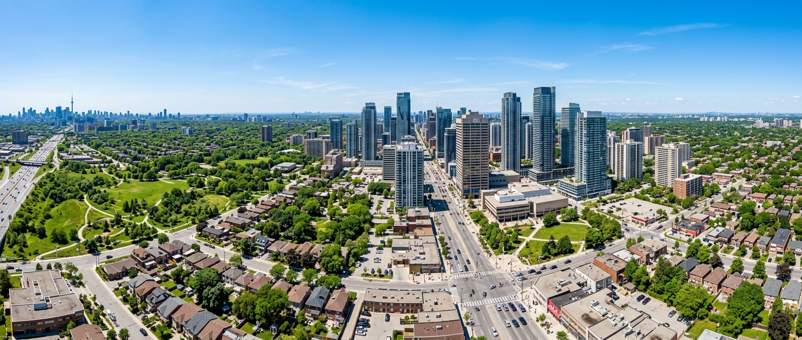 Panoramic view of North York skyline in Toronto, high-rise buildings along Yonge Street, green parks, diverse urban landscape, clear blue sky