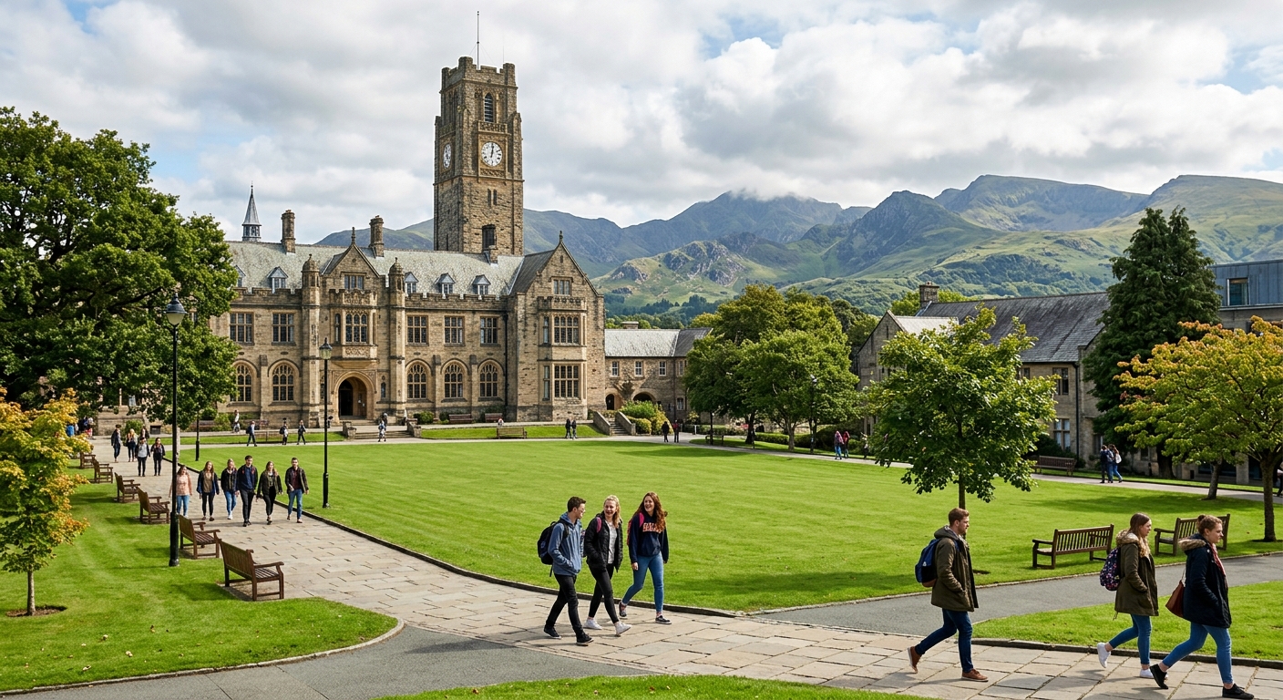 Bangor University campus with historic main arts building and clock tower, set against the backdrop of Snowdonia mountains and lush green Welsh landscape, students walking across the quad