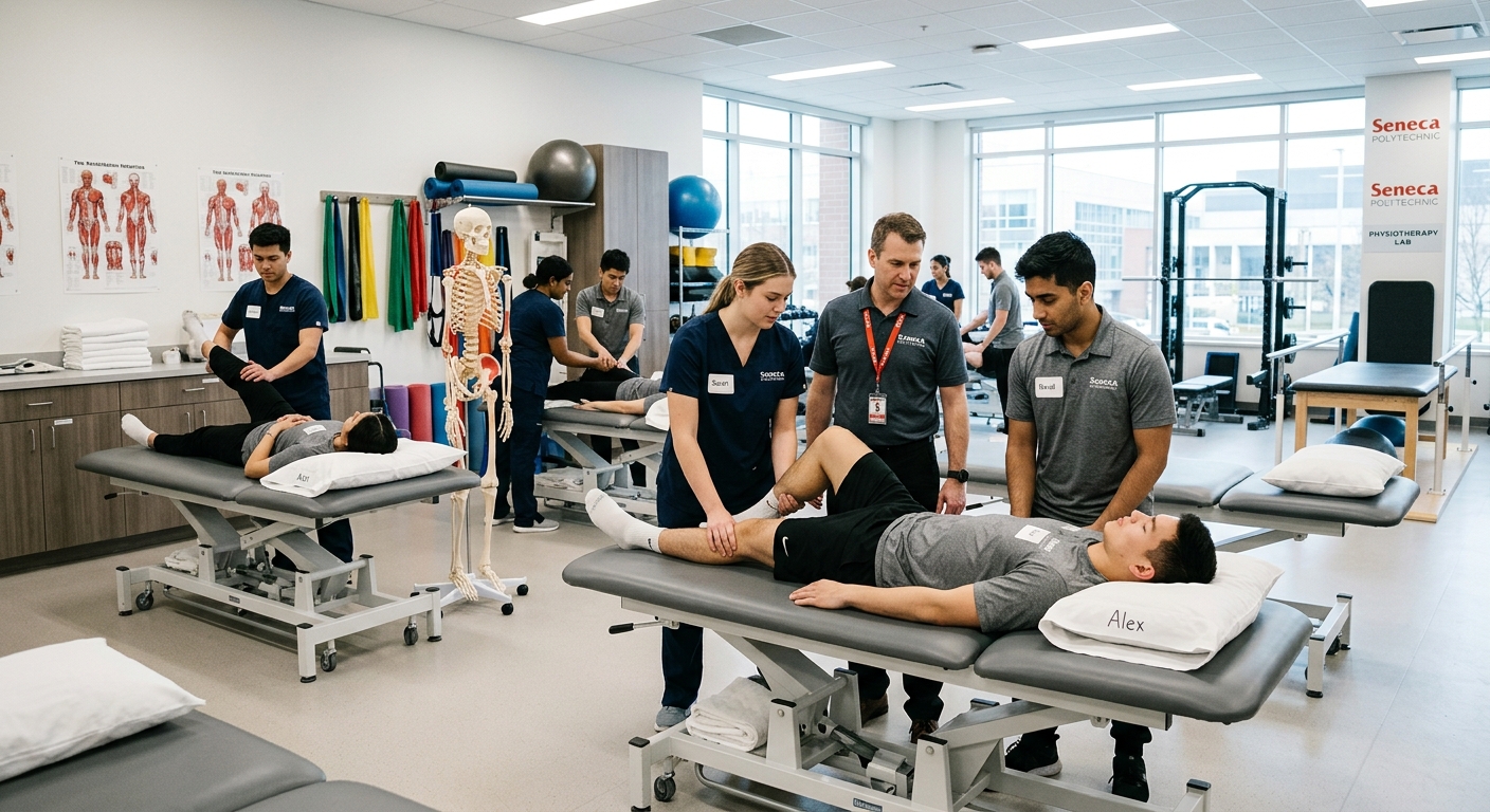 Modern healthcare simulation lab at Seneca Polytechnic with students practicing physiotherapy techniques on treatment tables, anatomical models visible, bright clinical lighting, professional rehabilitation equipment in the background