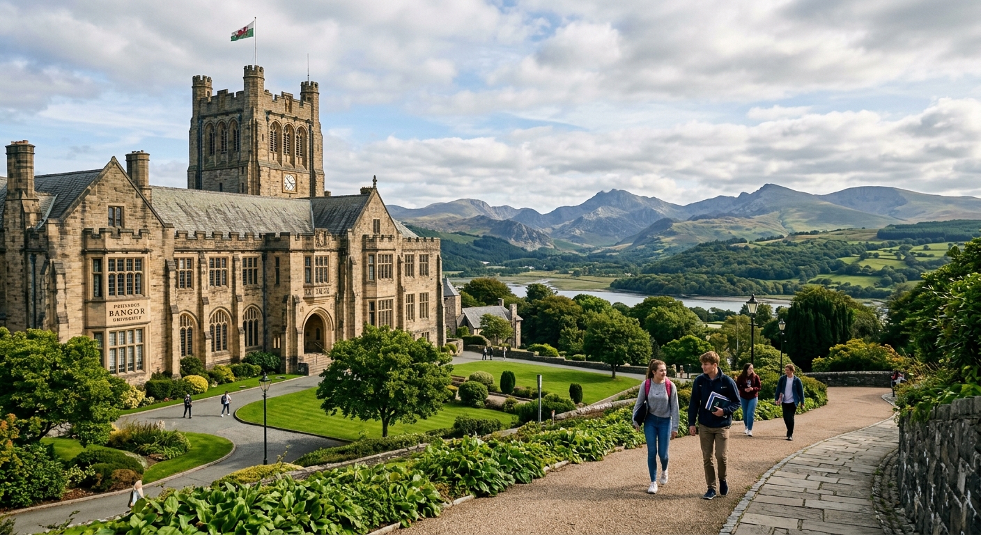 Historic Bangor University main arts building with stone architecture, set against the backdrop of Snowdonia mountains and lush green Welsh landscape, students walking on campus paths