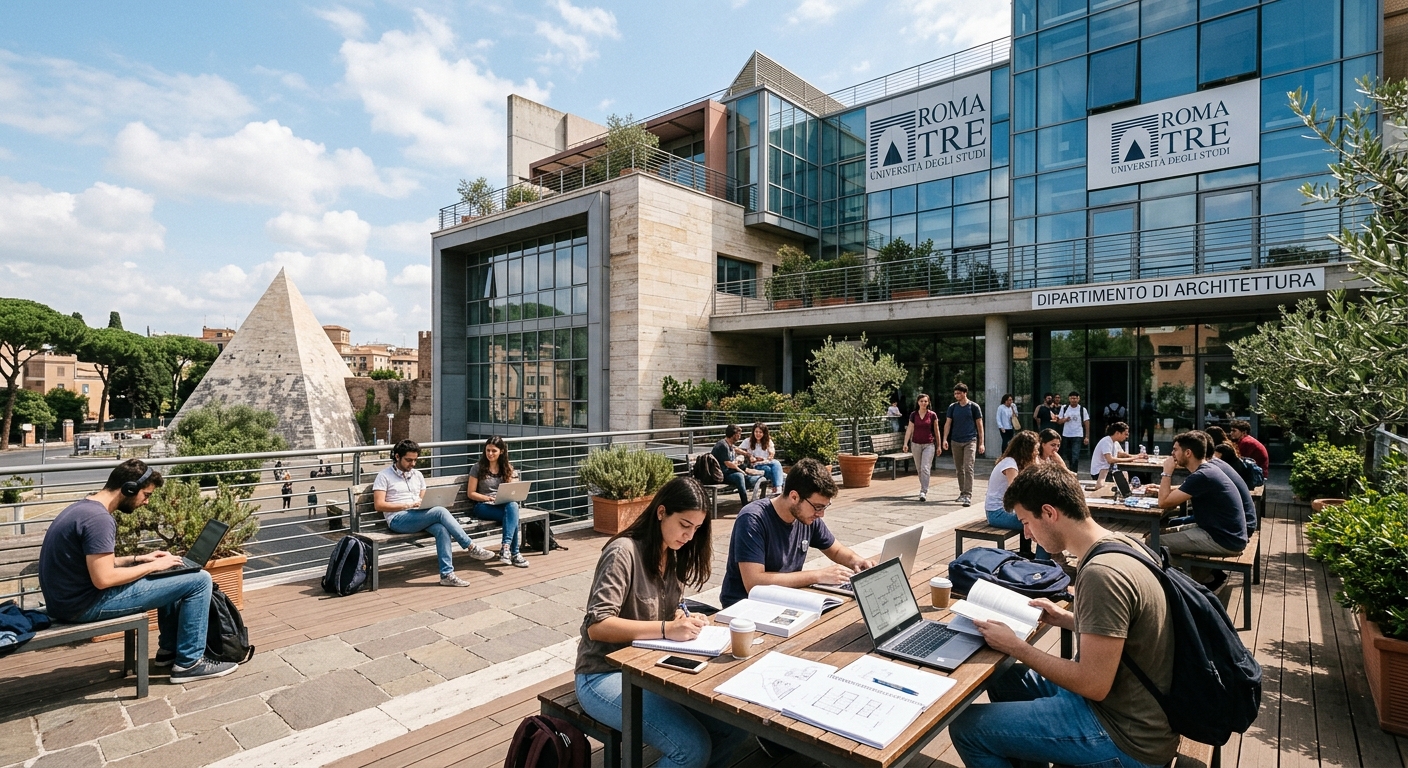 Roma Tre University Department of Architecture near Piramide area in Rome, contemporary glass and stone building, students studying outdoors on terrace