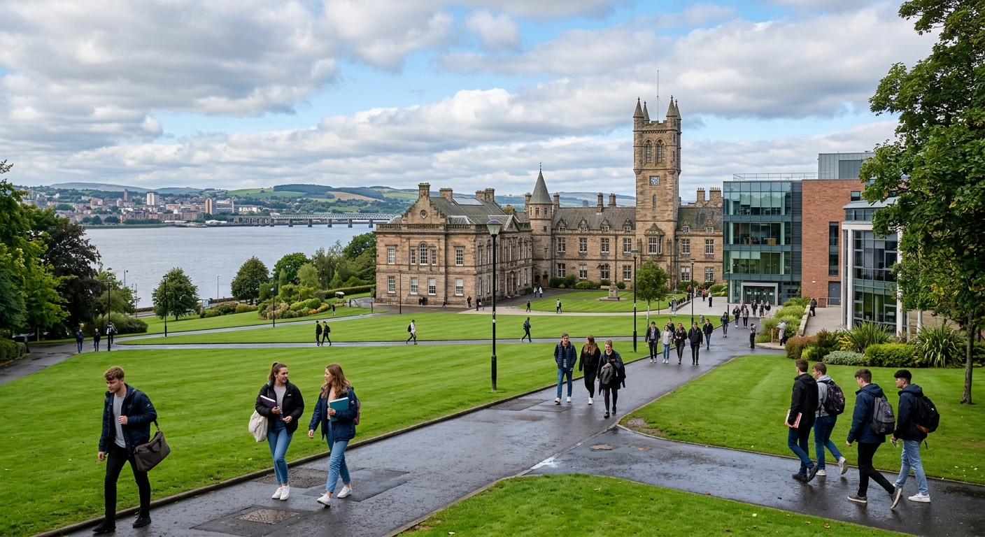 University of Dundee campus in Scotland with historic stone buildings and modern facilities, green lawns along the River Tay, students walking between lecture halls under a partly cloudy Scottish sky