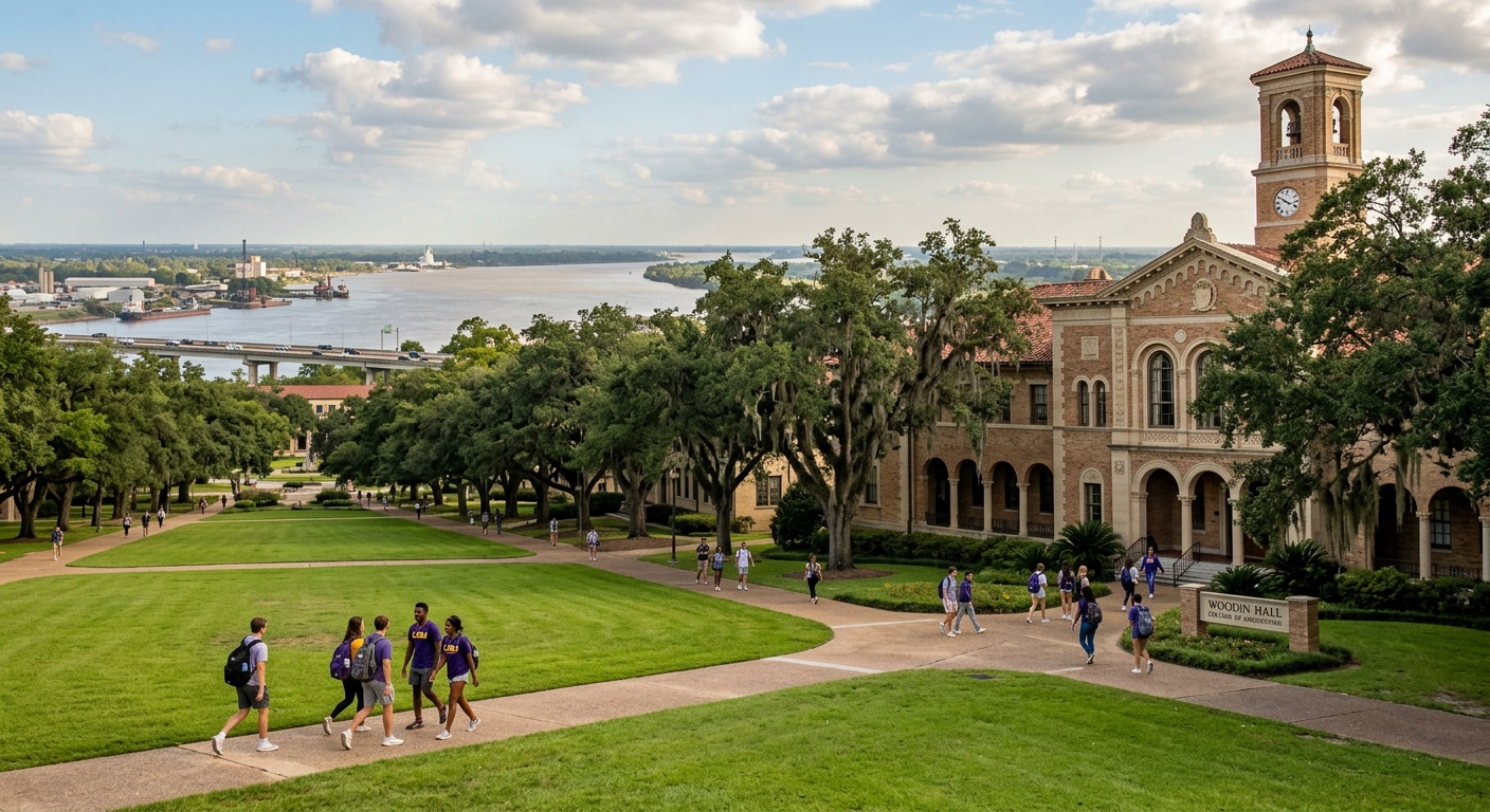 Louisiana State University campus with Italian Renaissance-style buildings, lush green lawns, oak-lined pathways, students walking near the College of Agriculture, with the Mississippi River in the background under a warm Louisiana sky