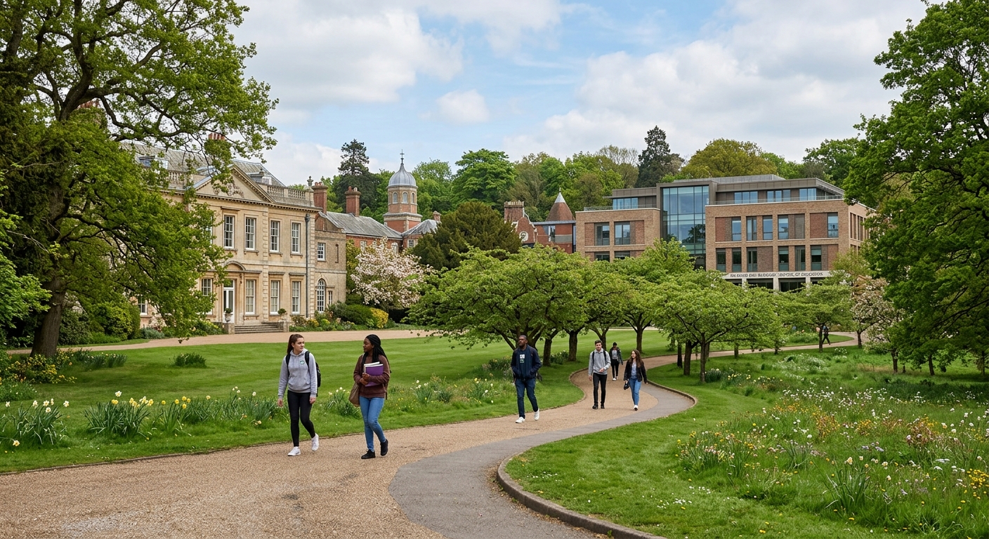 University of Roehampton southwest London campus with historic buildings surrounded by green parkland, students walking along tree-lined paths, education faculty building in background