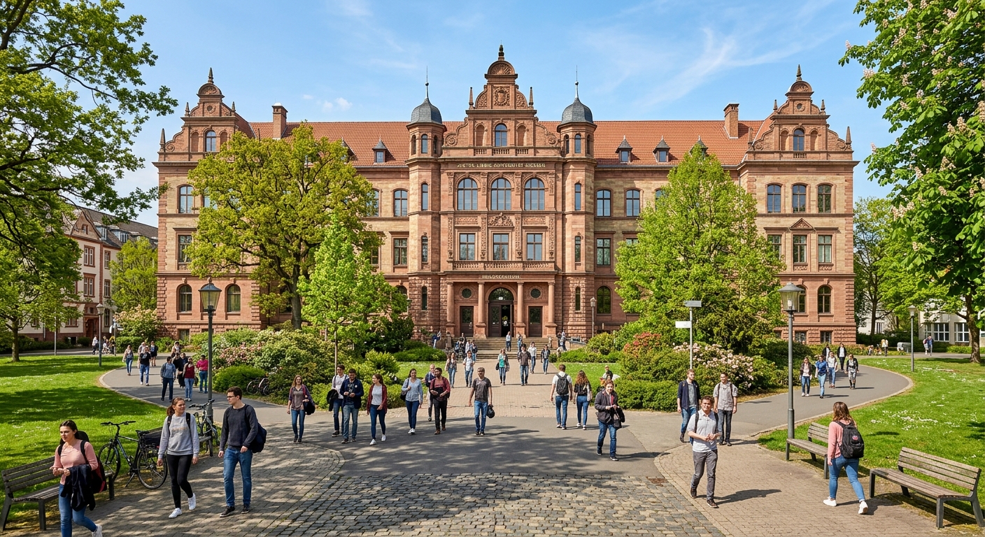 Historic Philosophikum building at Justus Liebig University Giessen with students walking on campus pathways, surrounded by green trees and classic German university architecture under a clear sky