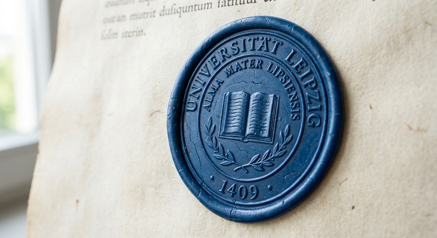 University of Leipzig official logo, blue seal with open book and Latin text Alma Mater Lipsiensis, founded 1409