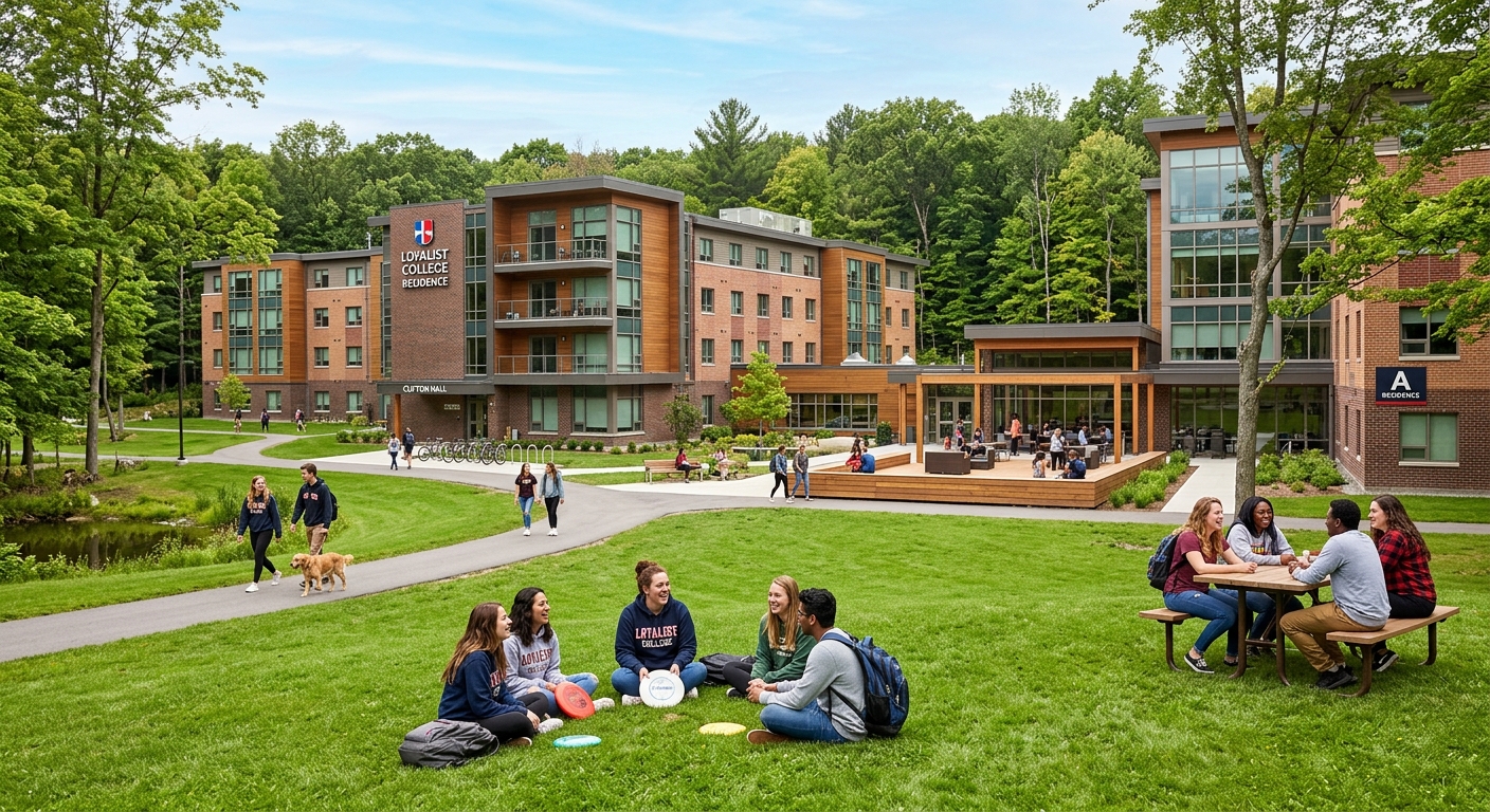 Loyalist College student residence buildings in a wooded setting, modern suite-style dormitories with green lawns, students socializing outdoors