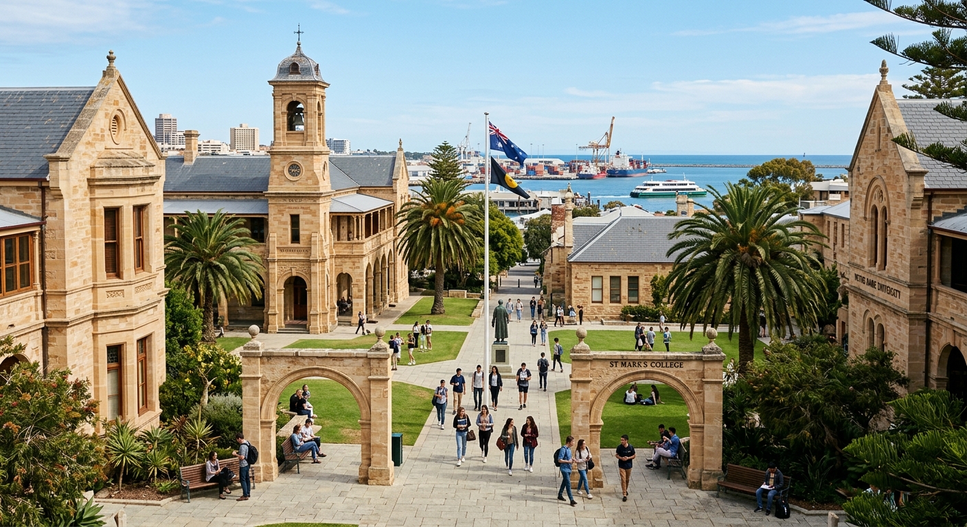 Historic sandstone university campus in Fremantle, Western Australia, with restored Georgian and Victorian architecture, students walking through courtyard with palm trees, blue sky, and a view of the harbour in the background
