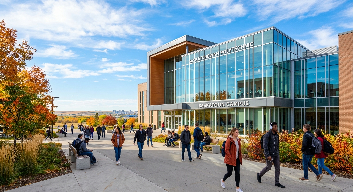 Modern Saskatchewan Polytechnic Saskatoon campus building with glass facade, students walking on pathways, Canadian prairie skyline in background, bright autumn day