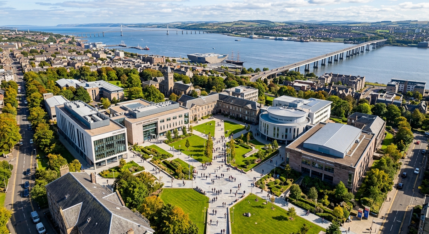 Aerial view of University of Dundee campus with the River Tay in the background, modern university buildings surrounded by green spaces, students walking across the main courtyard on a bright day in Dundee, Scotland