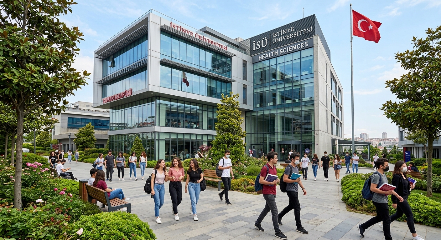Modern health sciences campus building at Istinye University Topkapı Campus in Istanbul, students walking through landscaped courtyard, bright daylight, Turkish flag visible, contemporary architecture with glass facades