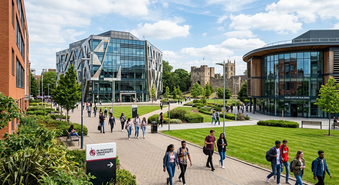 De Montfort University Leicester campus wide shot showing the modern Vijay Patel Building and Hugh Aston Building with green spaces, students walking along pathways, Leicester Castle visible in the background, bright daylight