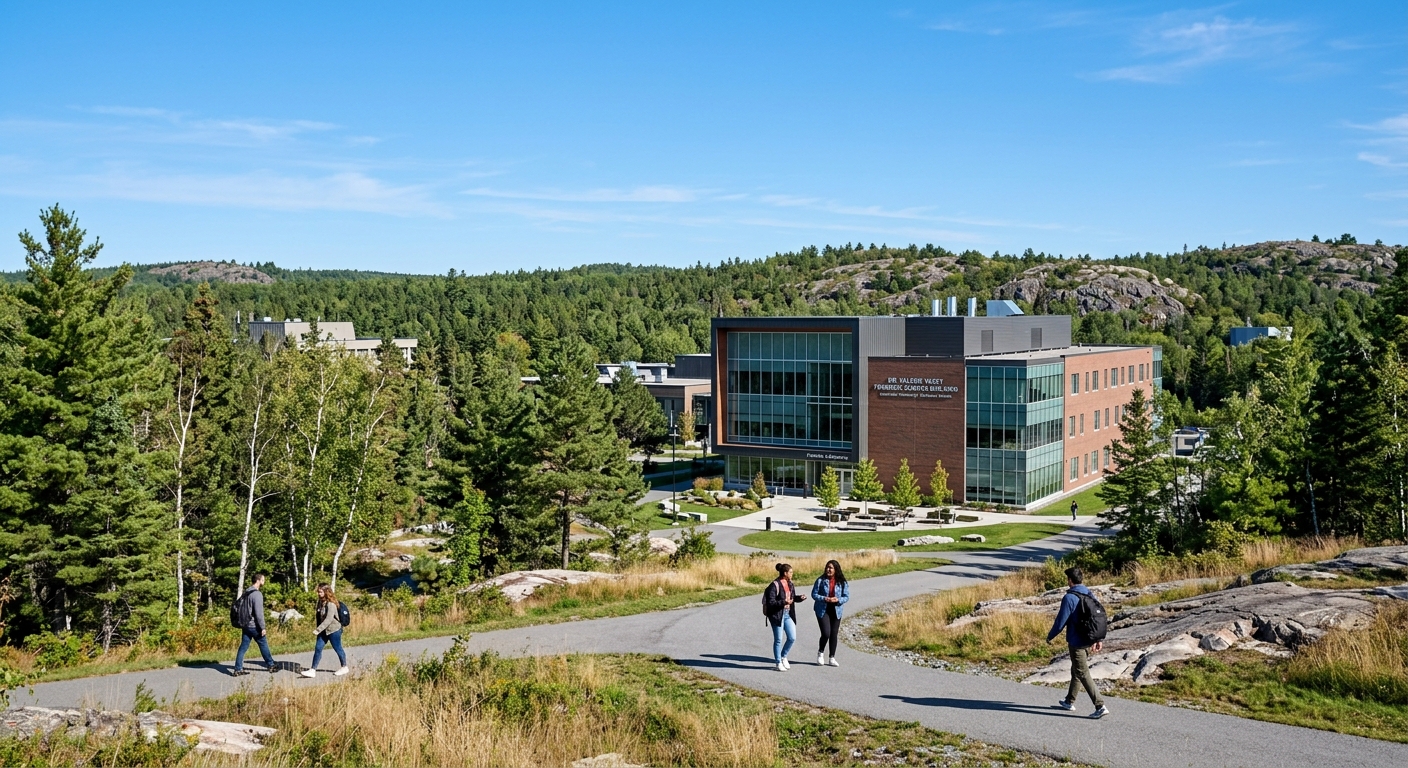 Laurentian University campus in Sudbury, Ontario surrounded by northern boreal forest, modern science building with forensic laboratory, students walking on pathways with Canadian Shield landscape in background, clear blue sky
