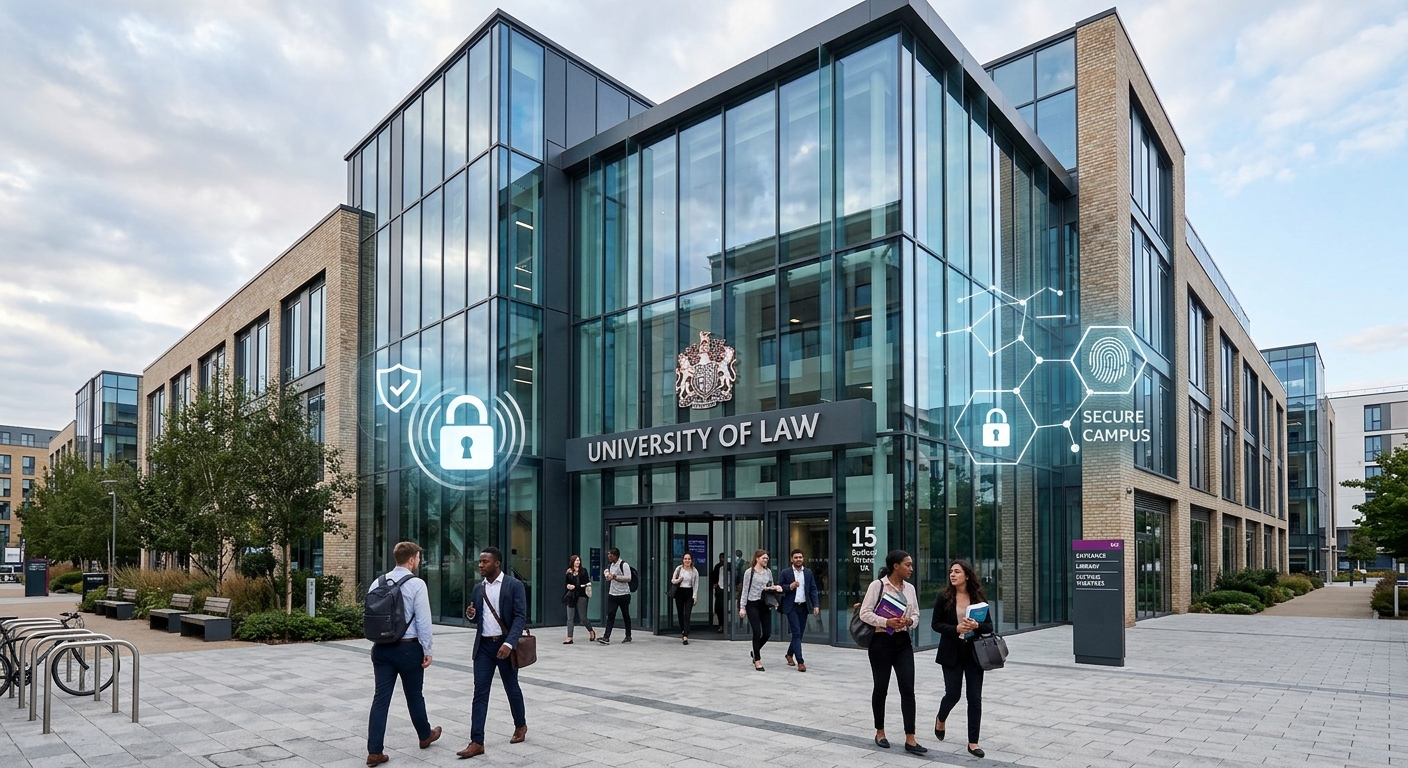 Modern University of Law campus building in the United Kingdom, glass-fronted entrance with students walking, digital security icons subtly overlaid, professional business school atmosphere with contemporary architecture
