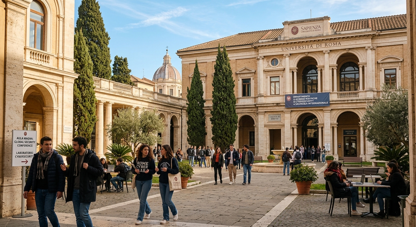 Modern university campus in Rome Italy with classical architecture, students walking through courtyard, cybersecurity and international security themed academic setting, warm Mediterranean sunlight