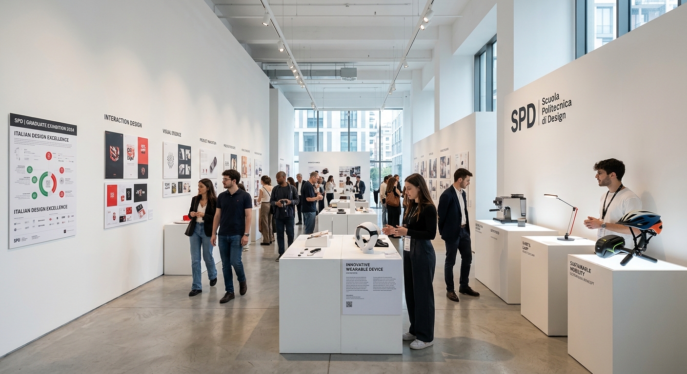 SPD exhibition space displaying student design projects, minimalist white gallery walls, product prototypes and visual communication works on display, contemporary Italian design setting