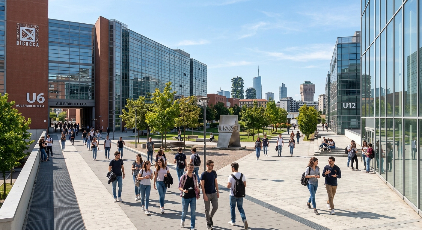 Modern university campus of Milano-Bicocca with contemporary architecture, glass-fronted buildings, students walking through open courtyards, Milan skyline in the background, sunny day in Italy