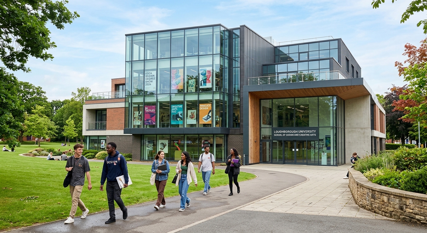 Loughborough University School of Design and Creative Arts building exterior with students walking on the green campus, modern architecture with large windows, creative design posters visible, bright daylight