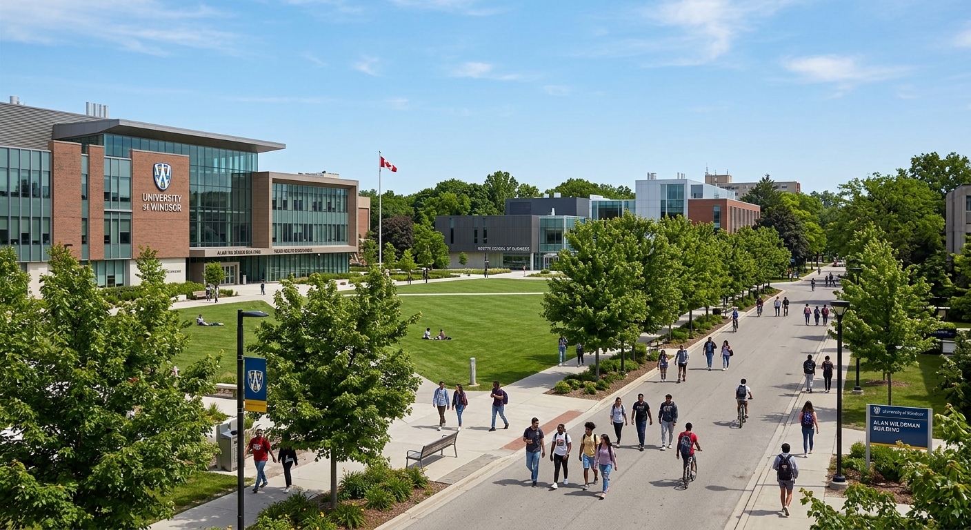 University of Windsor campus in Ontario Canada with modern academic buildings, green lawns, and students walking along tree-lined pathways under clear blue skies