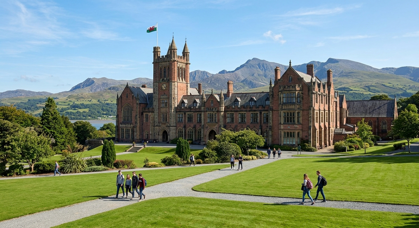 Historic Bangor University main building with Victorian architecture, green lawns in foreground, Snowdonia mountains visible in background, students walking along pathways, Welsh flag flying, clear sky over Gwynedd landscape