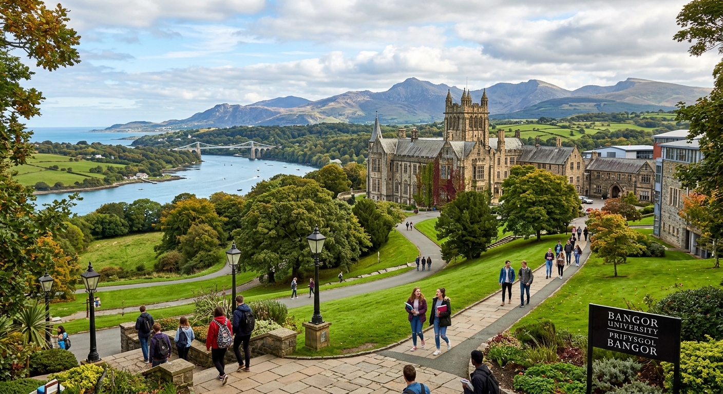 Bangor University campus with historic stone buildings set against the dramatic backdrop of Snowdonia mountains and the Menai Strait, students walking through green pathways in North Wales