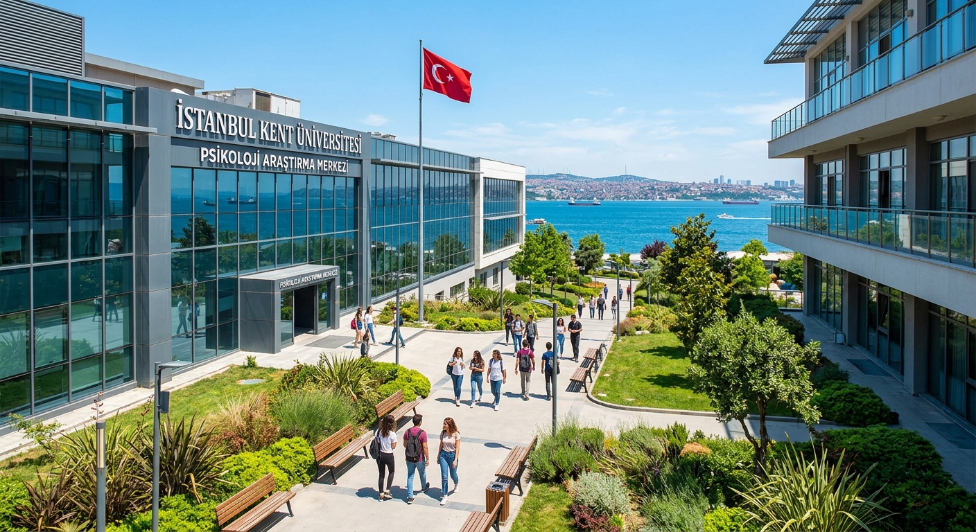 Modern university campus building in Istanbul with glass facades, students walking through a landscaped courtyard, psychology research center visible, Turkish flag, clear blue sky over the Marmara Sea coastline