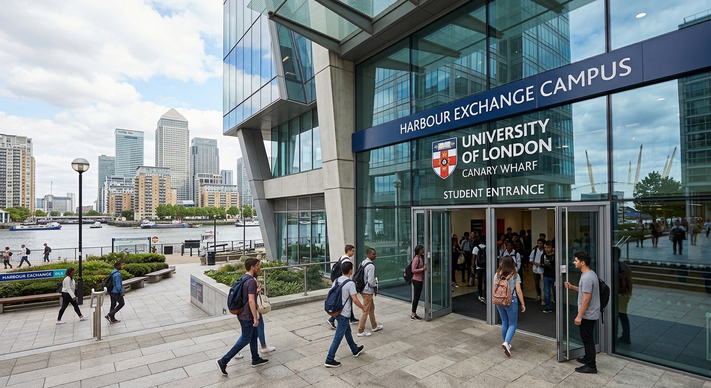 Modern Harbour Exchange campus building exterior in Canary Wharf London, glass facade with university signage, students entering through main doors, urban Docklands setting