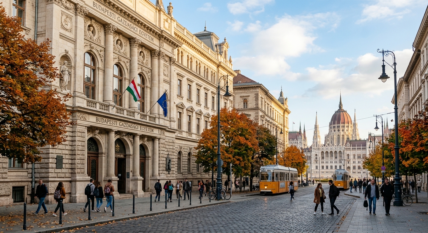 Budapest Business School main campus on Alkotmány Street, elegant 19th-century neoclassical building with ornate facade, Hungarian Parliament Building visible nearby, autumn foliage, European urban setting
