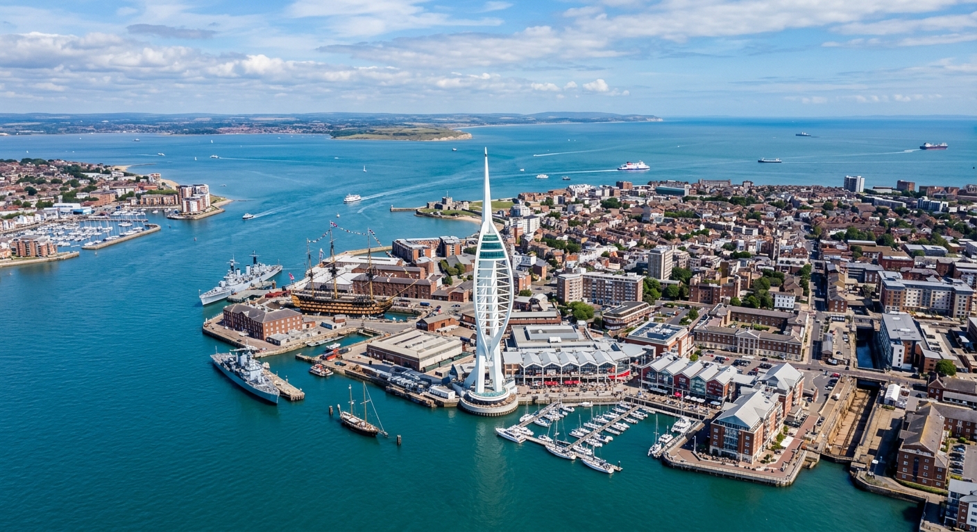 Aerial view of Portsmouth city and harbour, Spinnaker Tower rising above Gunwharf Quays waterfront, HMS Victory visible in the Historic Dockyard, Portsea Island surrounded by the Solent waters, blue sky with scattered clouds
