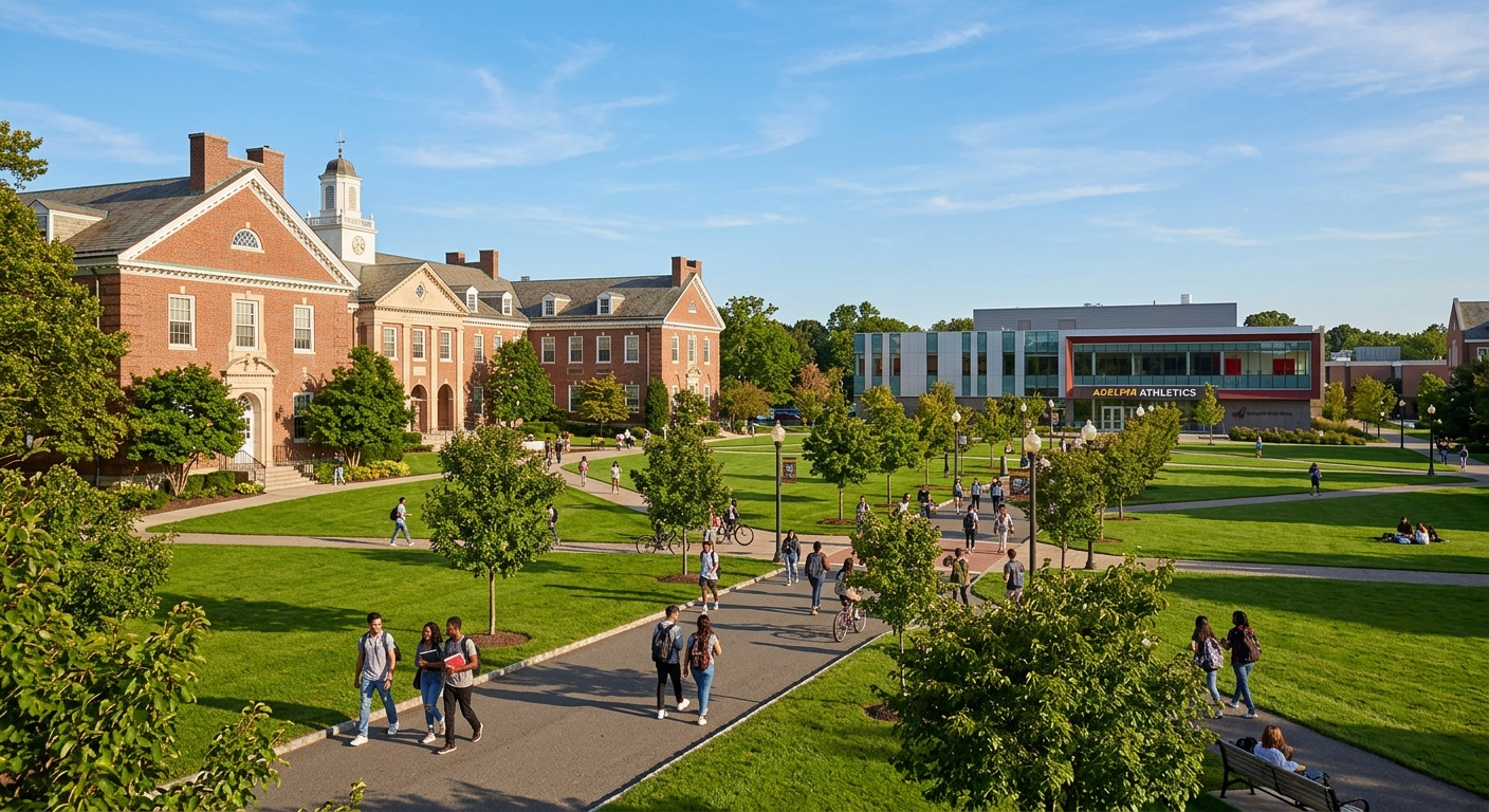 Adelphi University campus in Garden City, New York, showing green lawns, collegiate brick buildings, students walking along tree-lined paths, with a modern athletics facility in the background under a clear blue sky