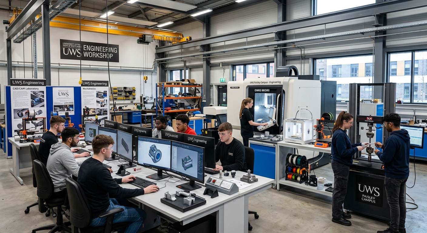 Modern engineering laboratory at University of the West of Scotland Paisley campus, students working with CAD software and mechanical testing equipment, bright industrial workshop setting with CNC machines and 3D printers