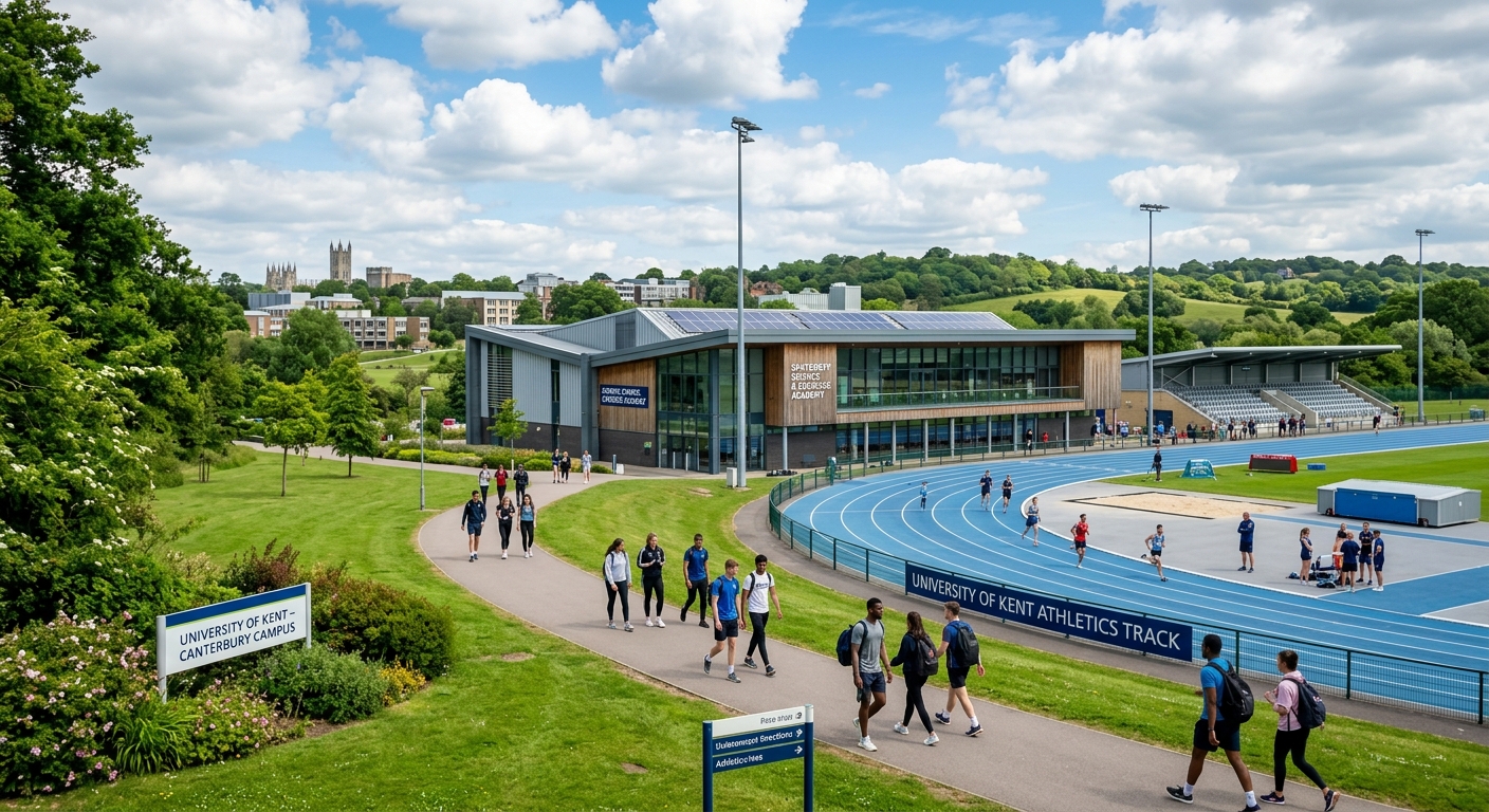 University of Kent Canterbury campus with green parkland, modern sports science building, students walking near athletics facilities, blue sky with scattered clouds