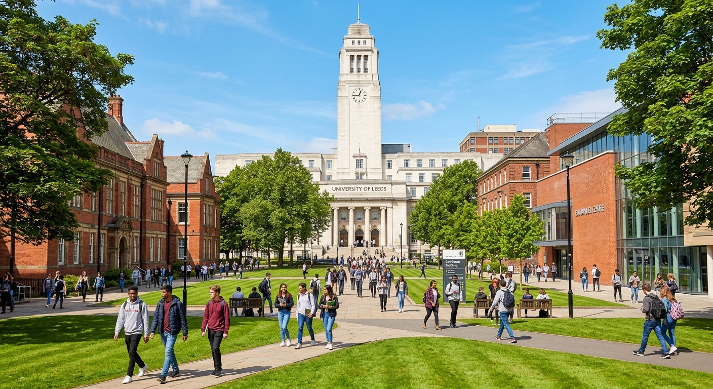 University of Leeds campus with the iconic Parkinson Building tower, students walking across a green quad on a sunny day, historic red-brick architecture blending with modern facilities