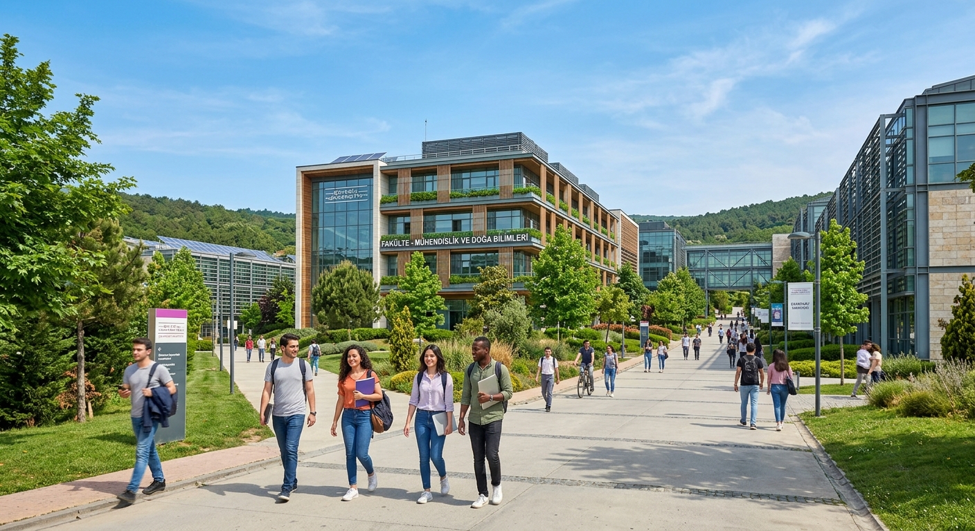 Modern Özyeğin University Çekmeköy campus in Istanbul with green surroundings, contemporary engineering building, students walking on pathways between sustainable architecture structures under clear blue sky